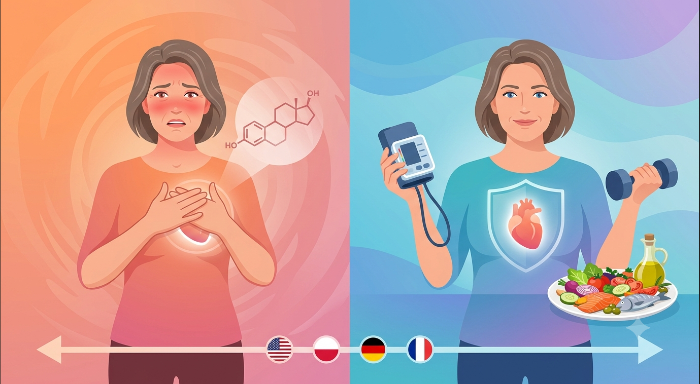 Perimenopause and cardiac risk concept showing a woman with fading estrogen protecting her heart, transitioning to a healthy, empowered state with exercise, diet, and screening across the US, Poland, Germany, and France
