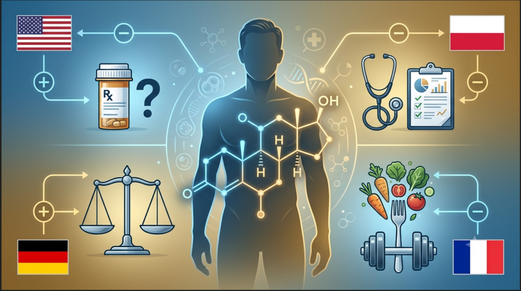 Testosterone after 40 concept with a male figure and country-specific approaches US pill bottle, Polish lab test, German balance, and French lifestyle icons representing screening and treatment differences.