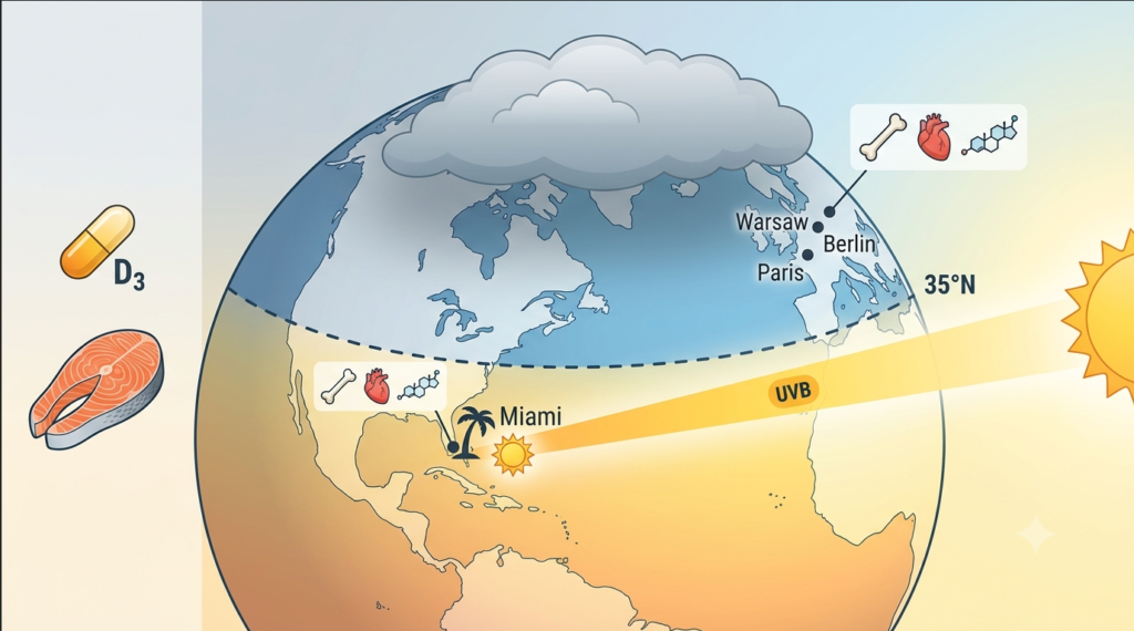 Vitamin D synthesis map showing difference between sun-rich Miami and vitamin D winter in Warsaw, Berlin, and Paris, with supplementation icons for bone, heart, and hormone health.