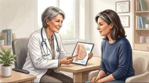 Woman in her 40s discussing normal breast changes with a doctor in a supportive medical setting