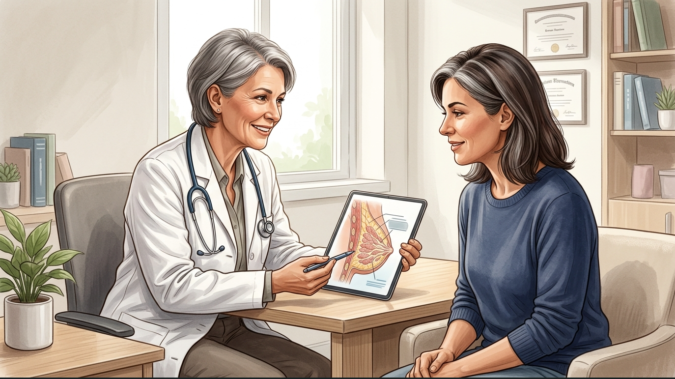 Woman in her 40s discussing normal breast changes with a doctor in a supportive medical setting