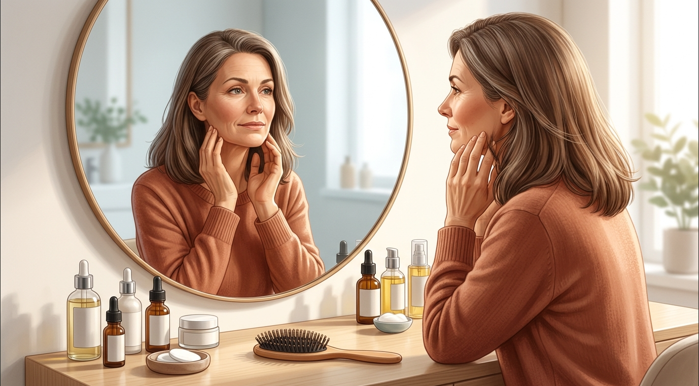 Woman in her 40s examining hair and skin changes with calm self-awareness in a bright vanity setting.
