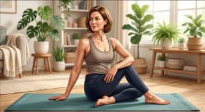 Woman in her 40s practicing gentle core rehabilitation and self-care after pregnancy changes.