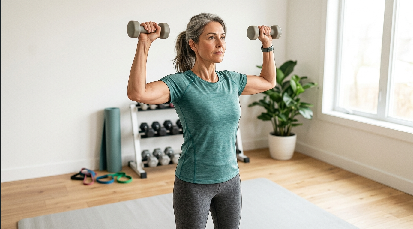 Woman in her 40s doing strength training to reduce hormonal belly fat and build muscle.