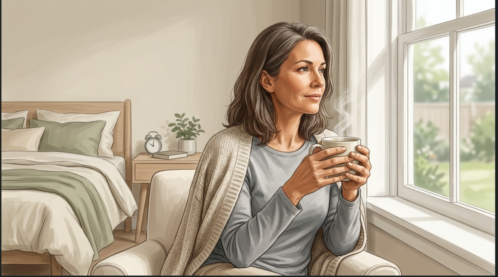 Woman in her early 40s finding calm and comfort while navigating perimenopause symptoms at home.