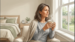 Woman in her early 40s finding calm and comfort while navigating perimenopause symptoms at home.