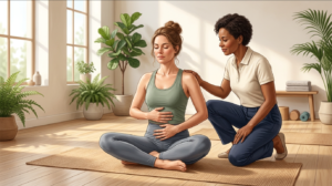 Woman practicing pelvic floor exercises with a physical therapist in a calm, supportive studio.