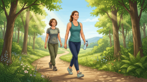 Woman in her 20s walking confidently on a health journey, with an older woman smiling in the background.