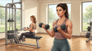 Young woman building bone density with strength training while an older woman exercises in the background.