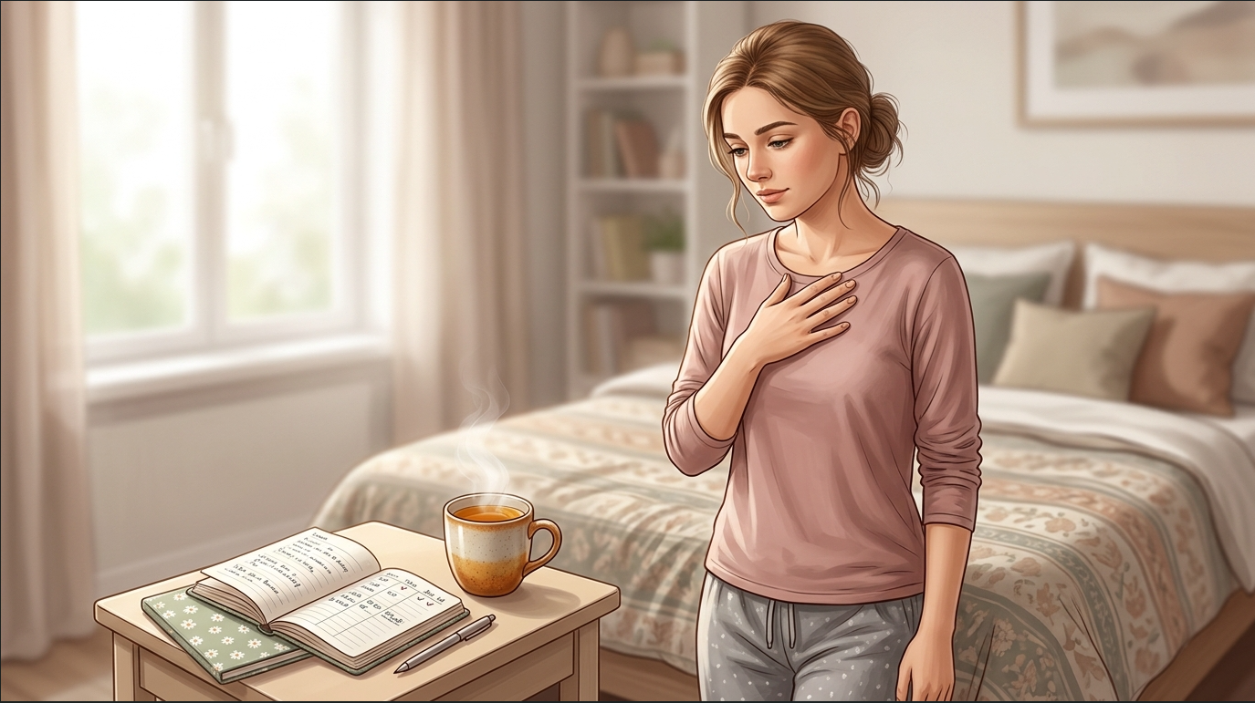 Young woman practicing breast self-awareness and tracking monthly hormonal changes in a calm bedroom setting.